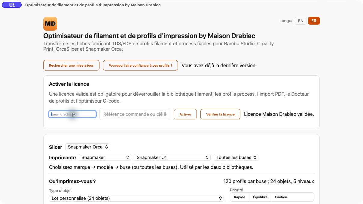 Écran réel de MD Optimisateur V6 montrant l’activation, le choix du slicer Snapmaker Orca, de l’imprimante Snapmaker U1 et du type d’objet