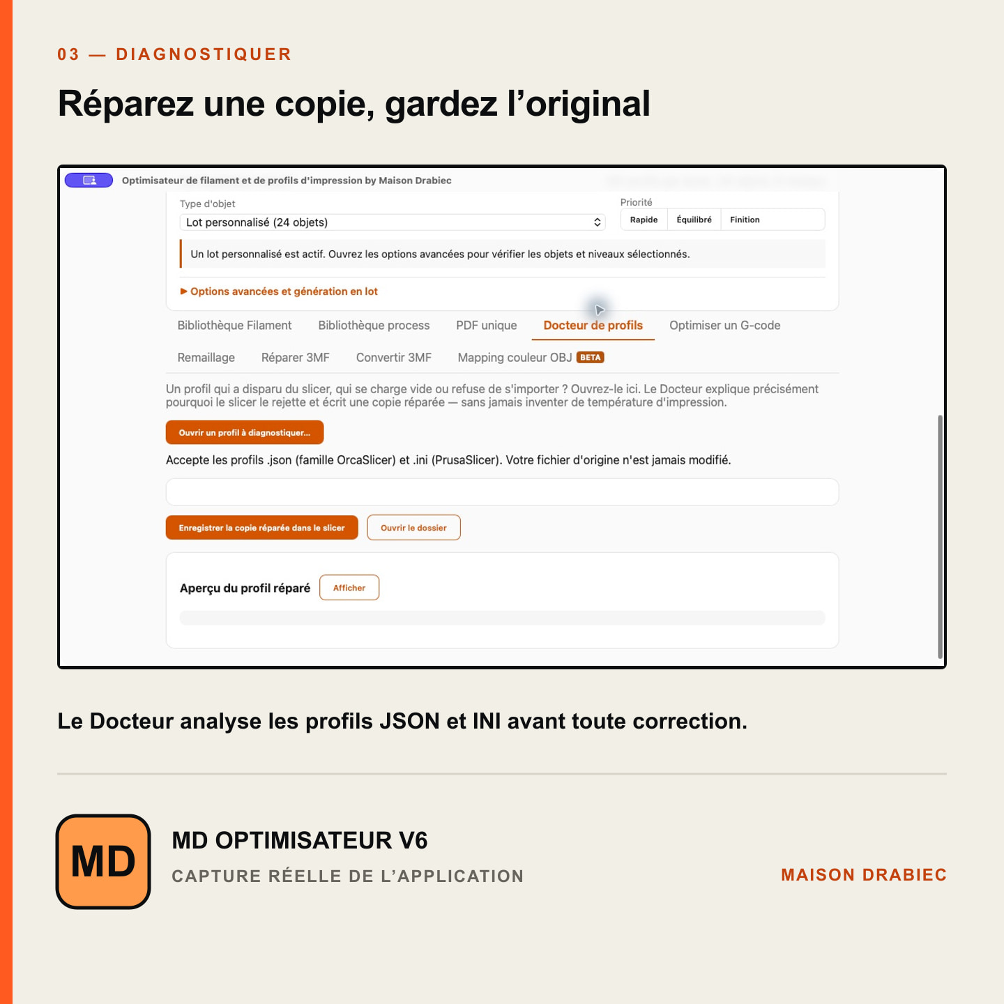 Écran réel du Docteur de profils avec sélection JSON ou INI et options de copie réparée.